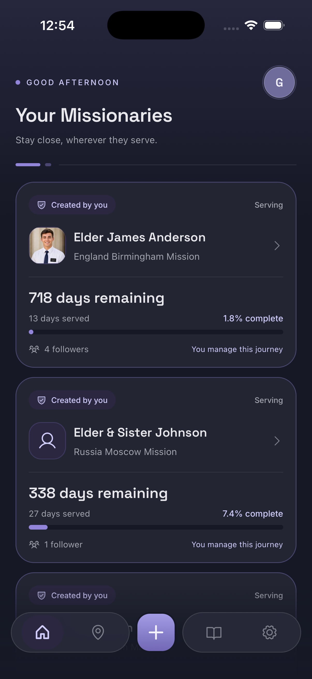 Missionary Tracker home screen listing several missionaries, each with their own countdown and progress bar