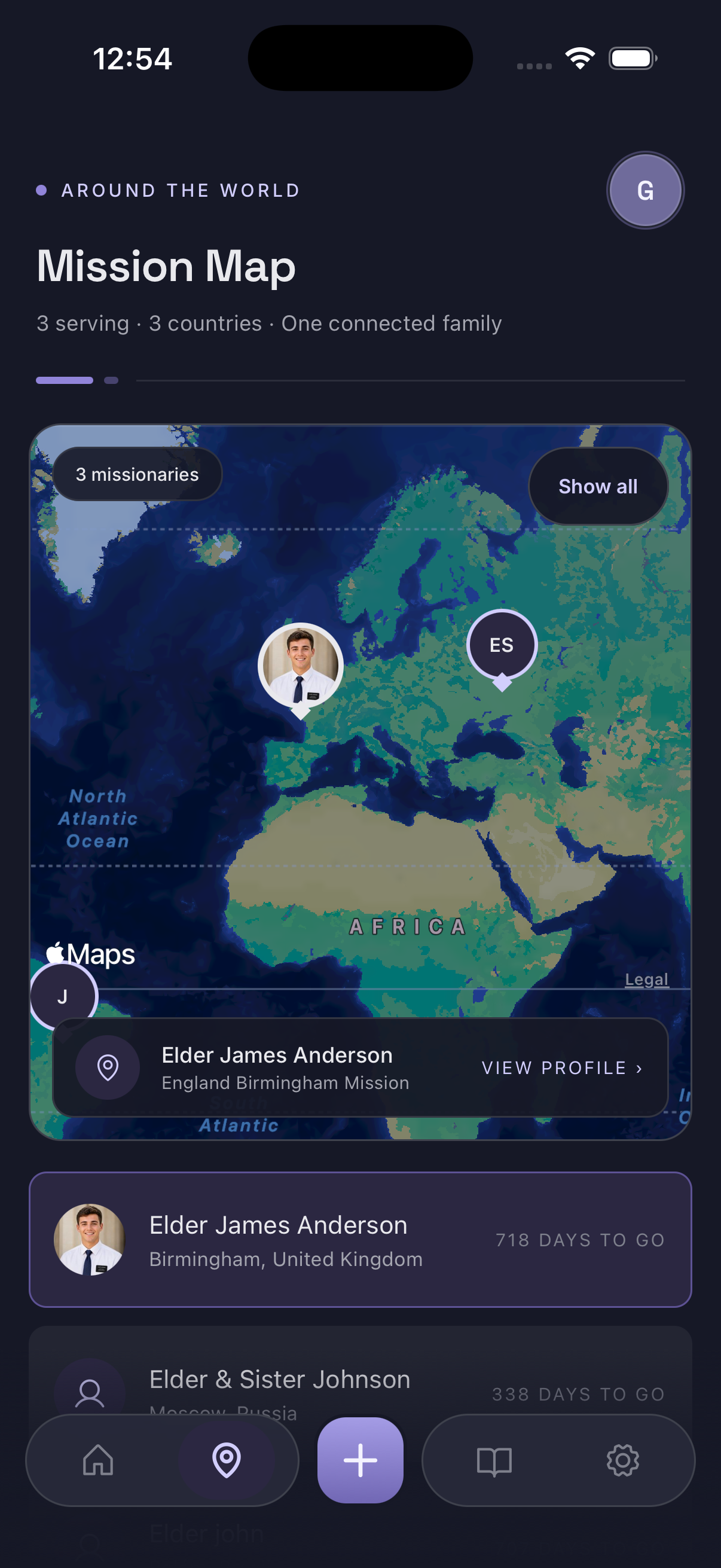 LDS Missionary Tracker map showing the areas where three missionaries are serving