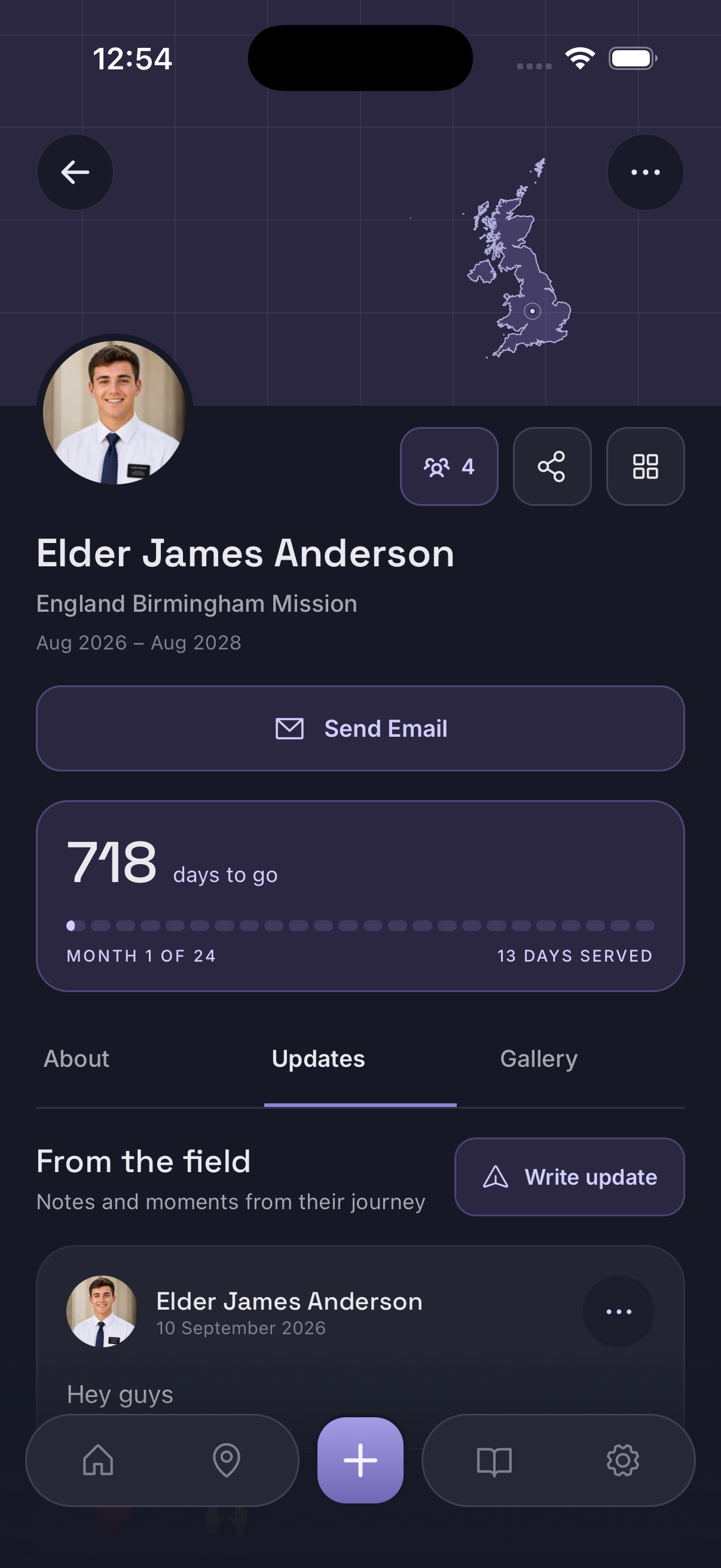Missionary Tracker app showing an LDS missionary's mission progress and countdown
