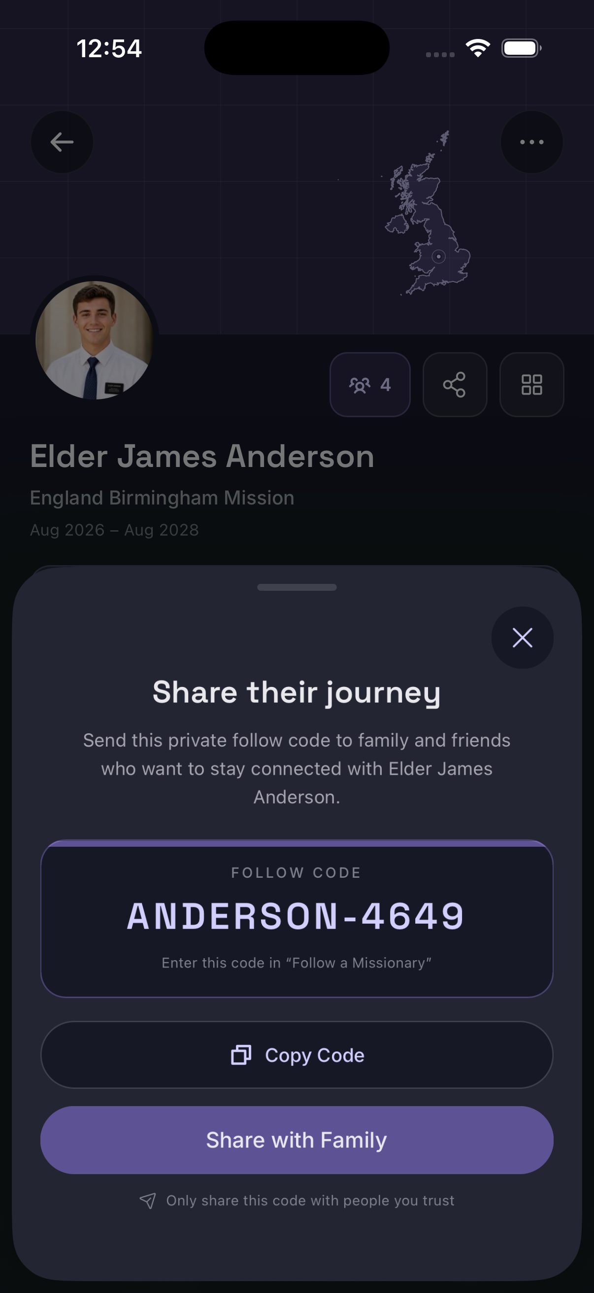 Missionary Tracker app sharing a private follow code so family and friends can follow the same missionary